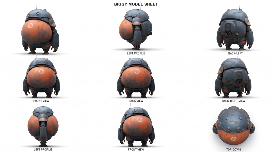 Biggy robot model sheet: a stocky robot with blue-gray armor, a weathered orange belly and short legs.