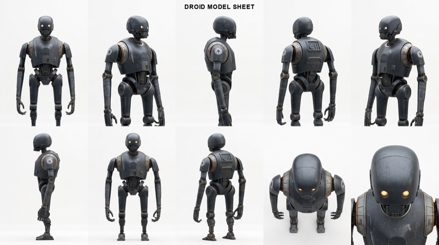 Droid robot model sheet: a tall graphite robot with amber eyes, exposed joints and worn metal panels.