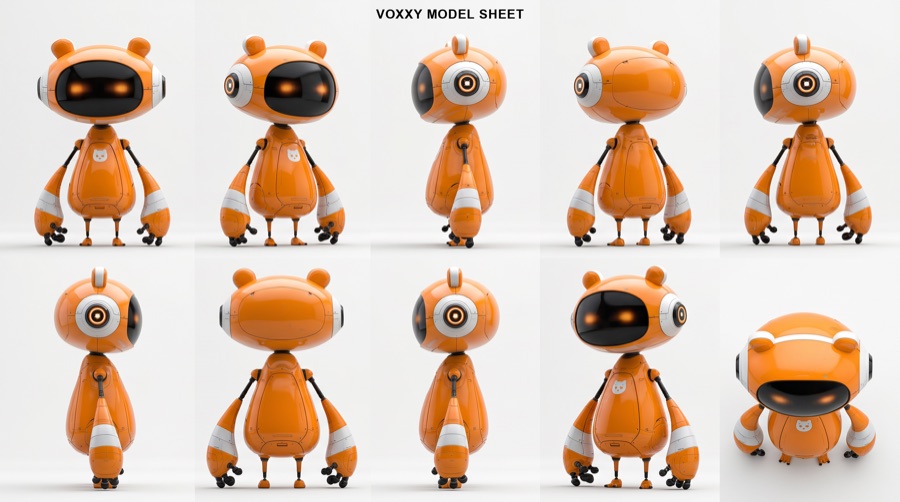 Voxxy robot model sheet: an orange companion with a rounded shell, glowing amber eyes and long articulated arms.