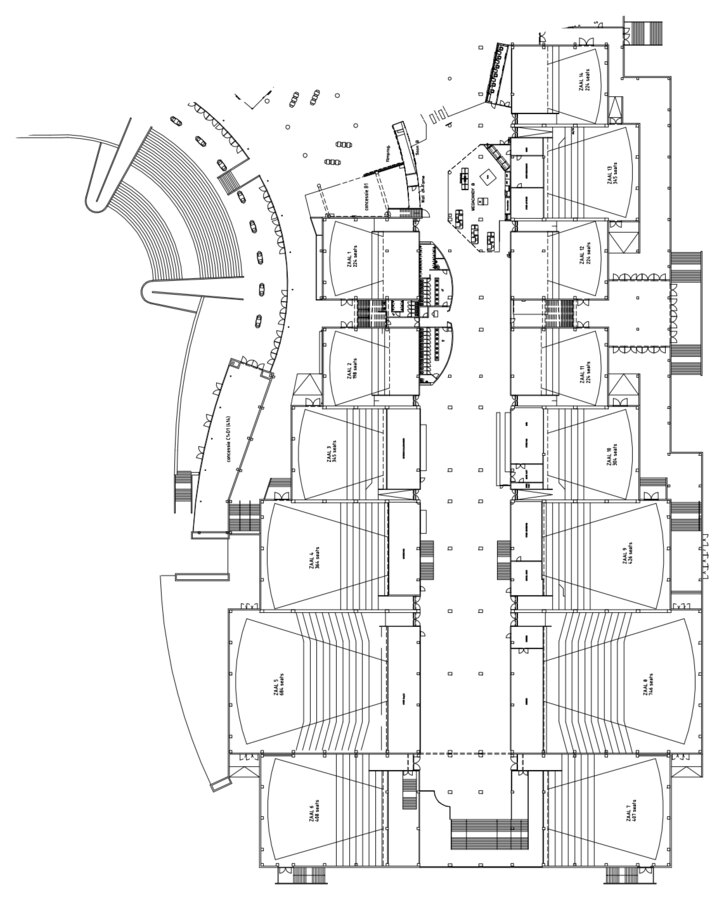 Kinepolis Antwerp first floor plan of the Devoxx area: auditoriums 1 to 14 with their seating layouts, the central corridor, the curved foyer and the grand staircase up from the exhibition floor.