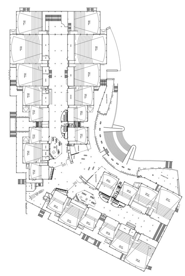 Kinepolis Antwerp floor plan with numbered auditoriums, seating layouts, connecting corridors, stairs and entrance areas.