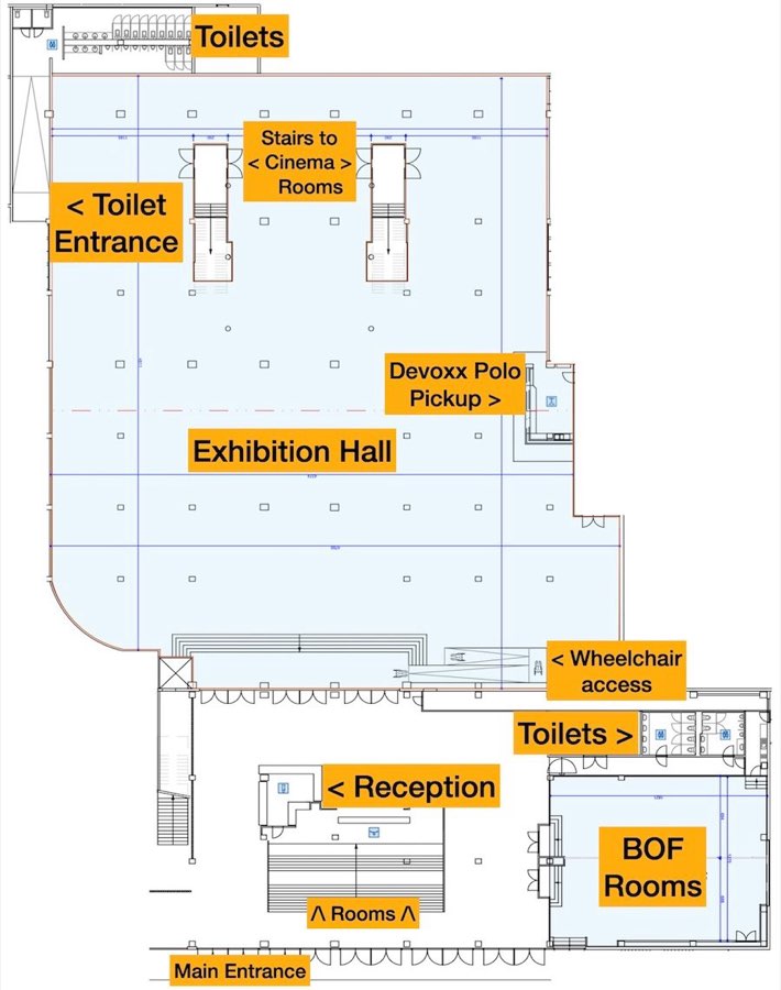 Annotated ground floor plan of the exhibition hall, labelling the main entrance, reception, BOF rooms, toilets, the Devoxx polo pickup point and the stairs up to the cinema rooms.